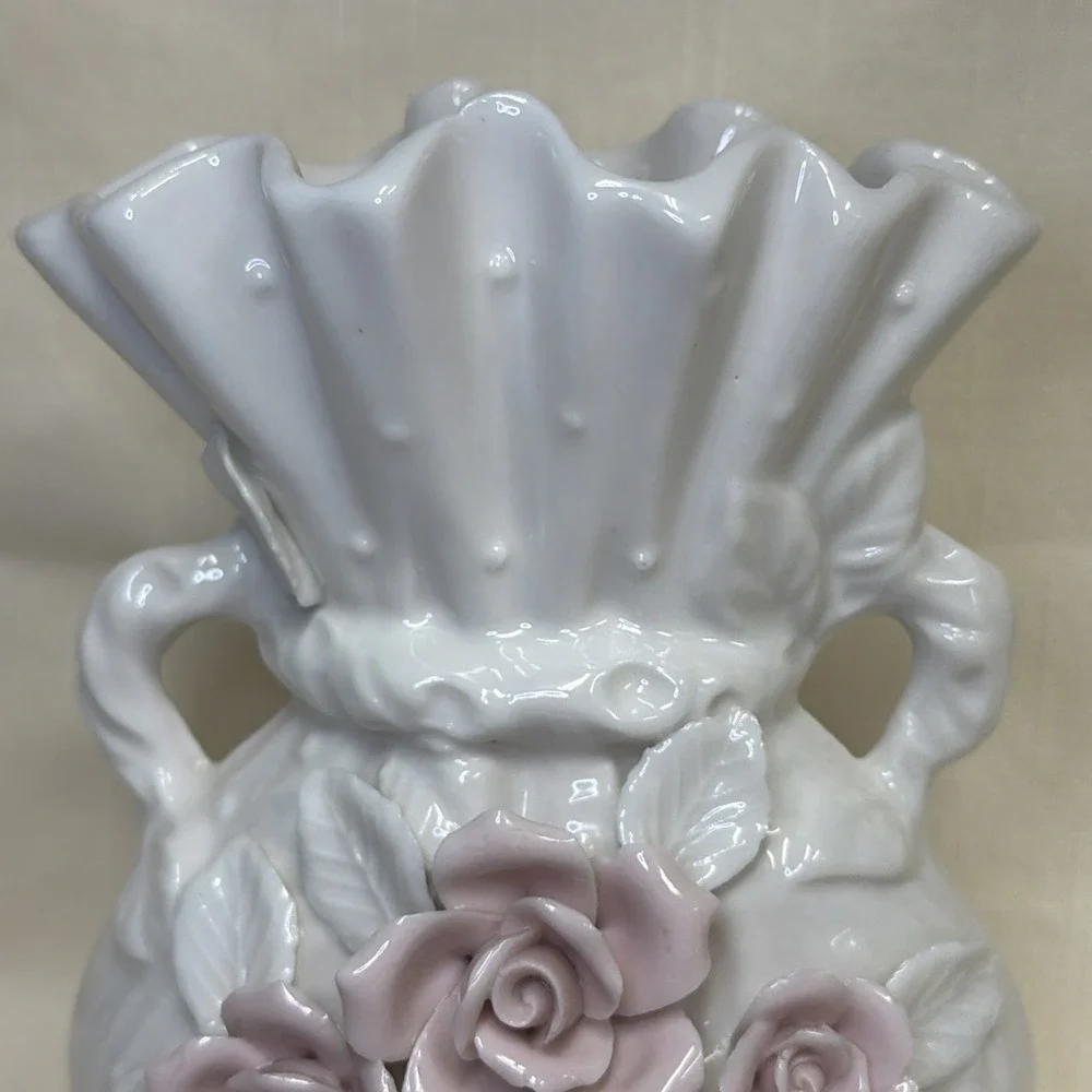 Vintage White Ribbed Vase Applied Pink Roses Leaves Small Flowers